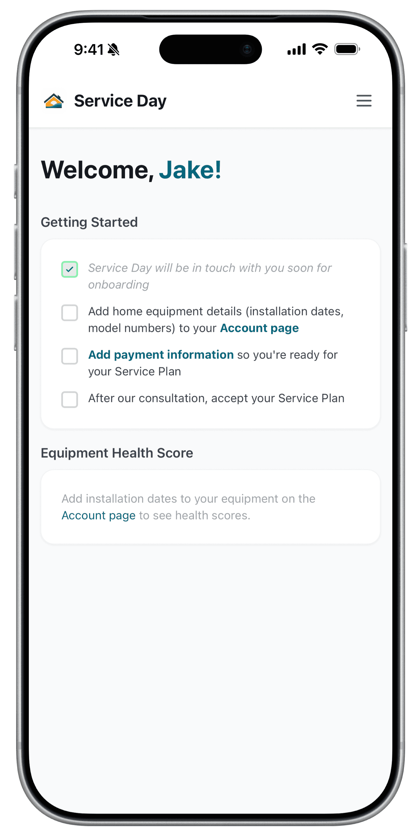 Service Day mobile app showing onboarding checklist