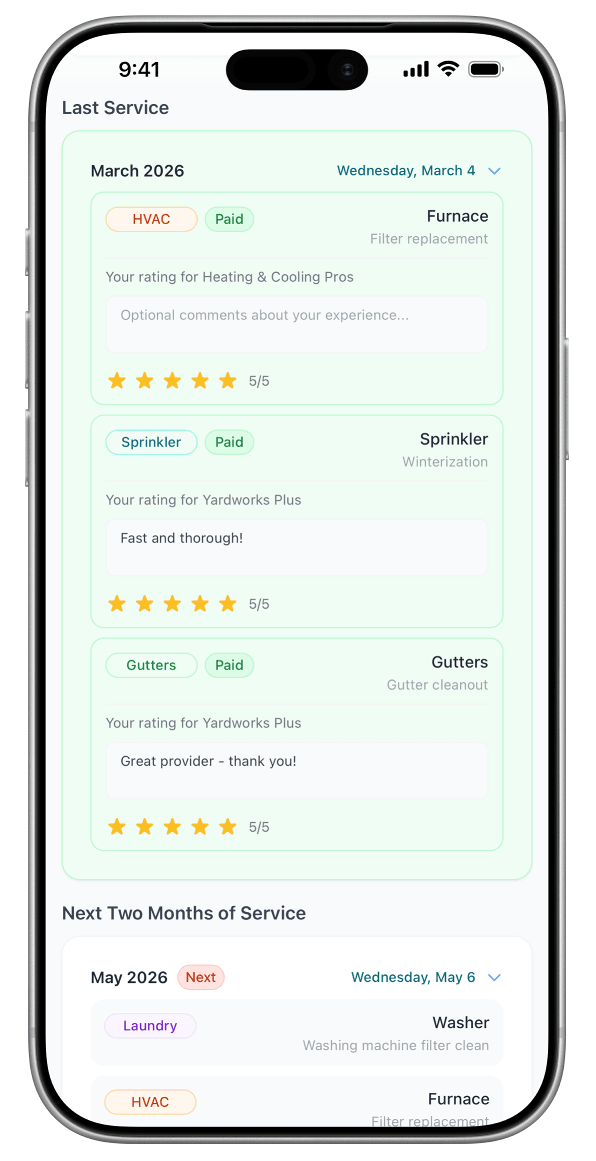 Service Day vendor ratings on mobile